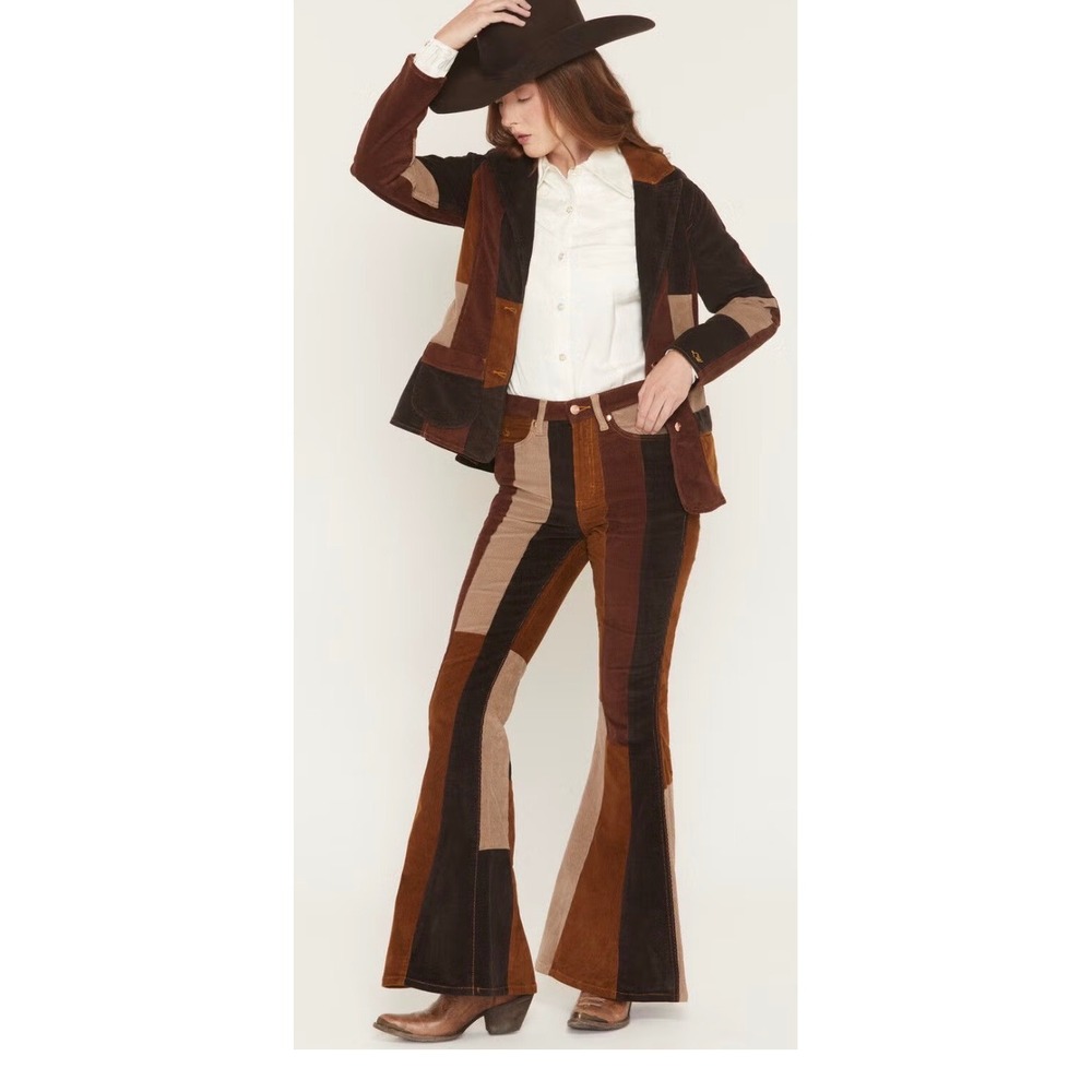 Lainey Wilson x Wrangler Patchwork Corduroy Flare Bell Bottom Pants Brown  31x28